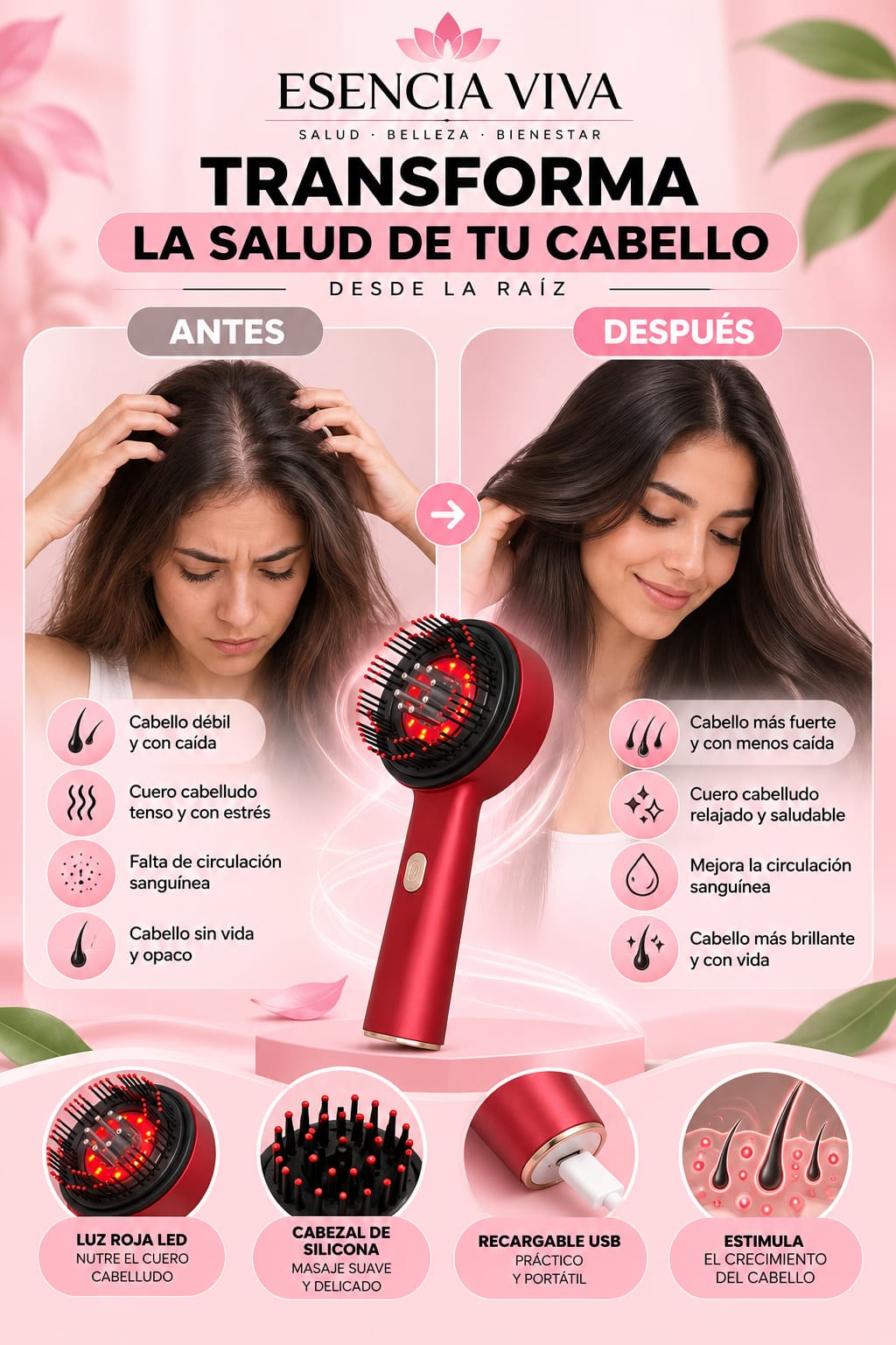Peine de Masaje Eléctrico para el Cuero Cabelludo – Luz Roja y Cuidado del Cabello