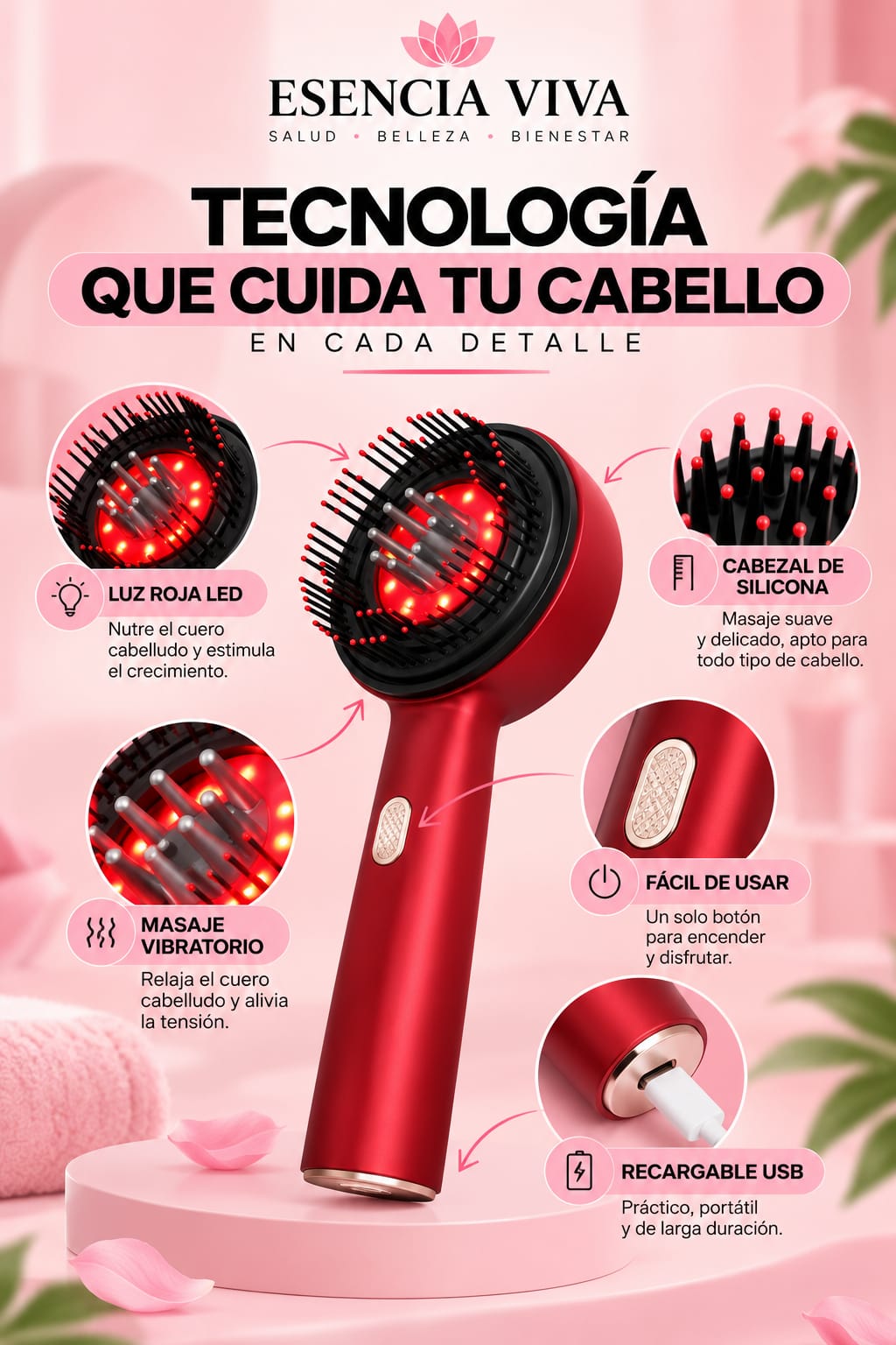 Peine de Masaje Eléctrico para el Cuero Cabelludo – Luz Roja y Cuidado del Cabello